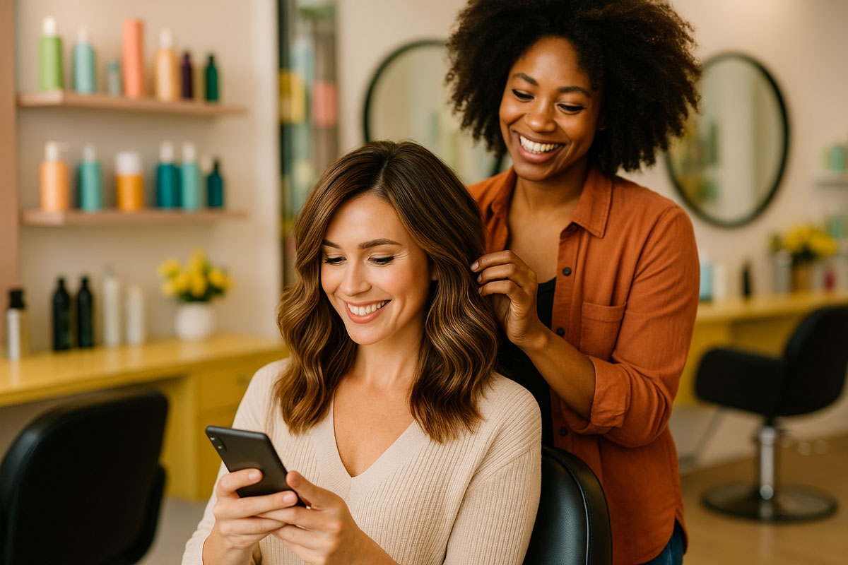 Happy client looking at phone while stylist works on her hair